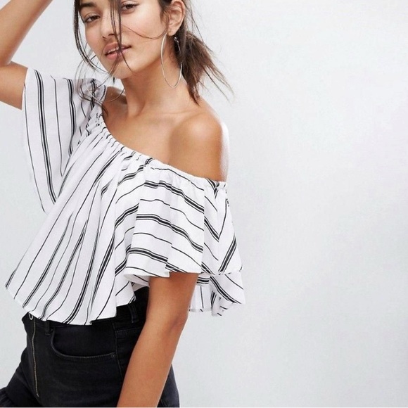 Bershka Black and Navy Off the Shoulder Striped Crop Top - Picture 1 of 7